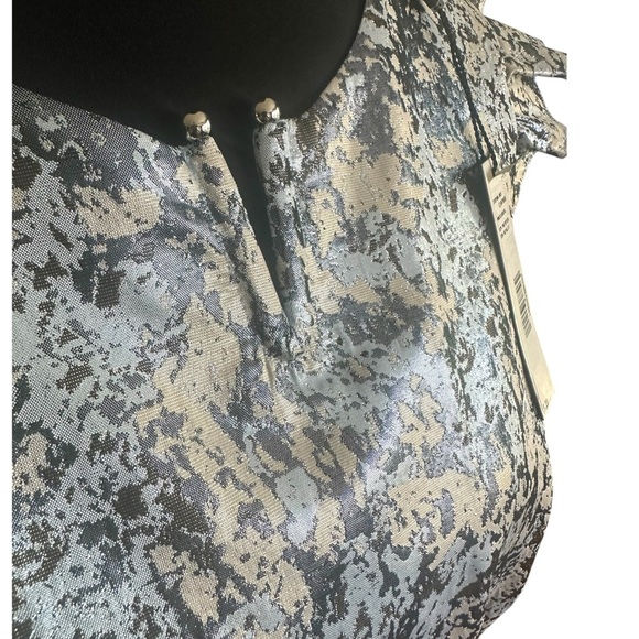 NWT Elie Tahari Metallic Baby Blue Silver & Cream Sheath Midi Dress Size 4 - Picture 4 of 11